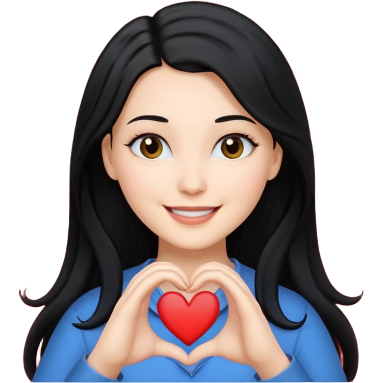 Mujer blanca cabello largo negro haciendo un corazon con sus manos emoji