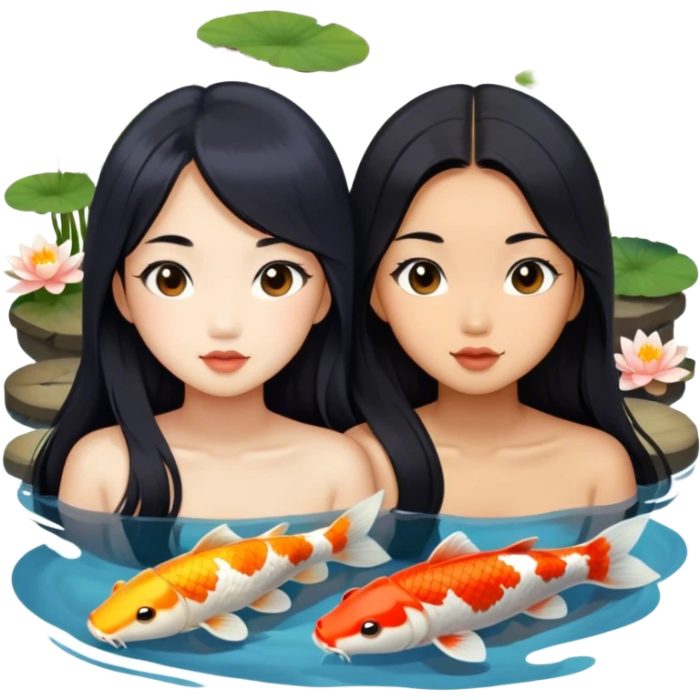 two asian girls long hair koi pond emoji