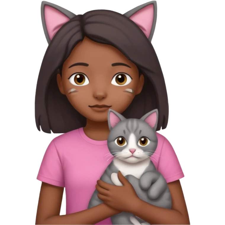 An Indian teenager girl with a pink t-shirt holding her gray cat with folded ears emoji