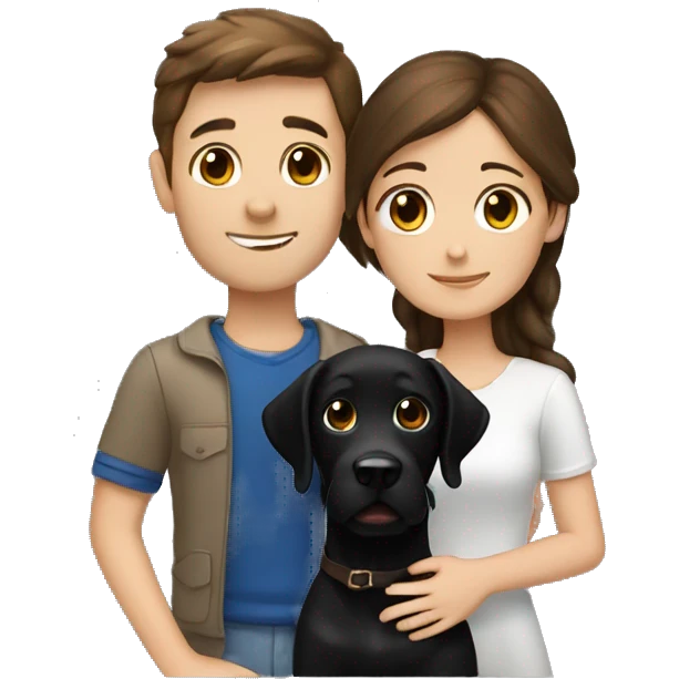 European brunette girl, european boy with brown hair hug black labrador emoji