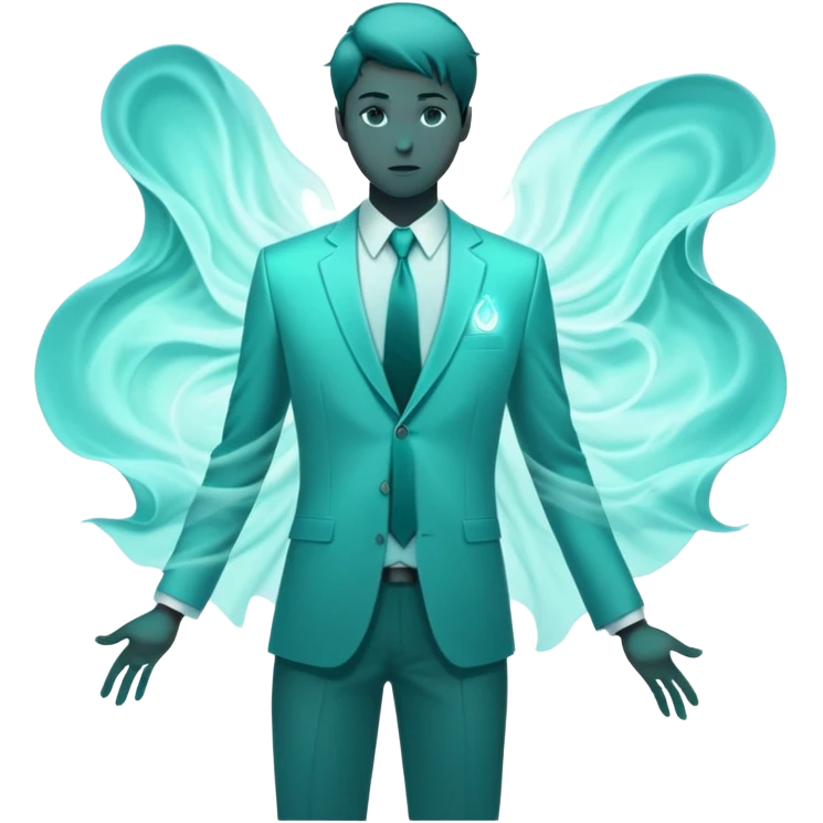 Teal colored ethereal energy forming male silhouette with ghostly floating wardrobe elements like tie, shirt and watch surrounding it, abstract style essence emoji