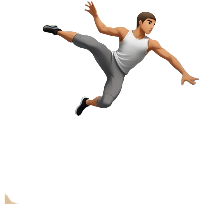 A person performing a parkour move, leaping between buildings or scaling a wall with agility and precision. The scene captures dynamic motion, showcasing strength, flexibility, and the thrill of urban acrobatics against an urban cityscape backdrop. emoji
