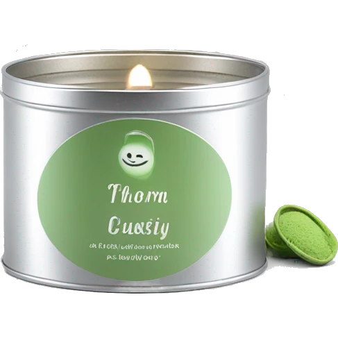 small pretty matcha scented candle in silver tin with label realistic emoji