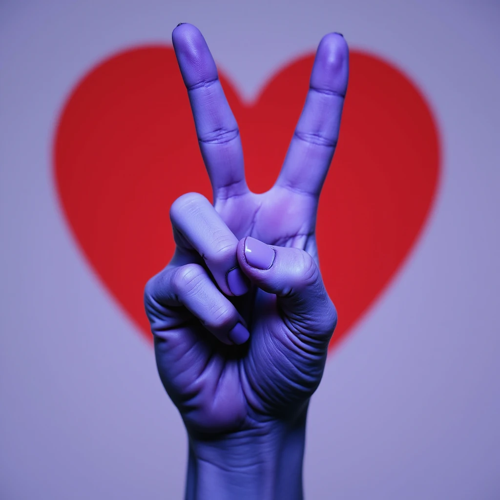 realistic hand making a peace sign, mostly purple and blue, with a red heart in the background, photorealistic style emoji