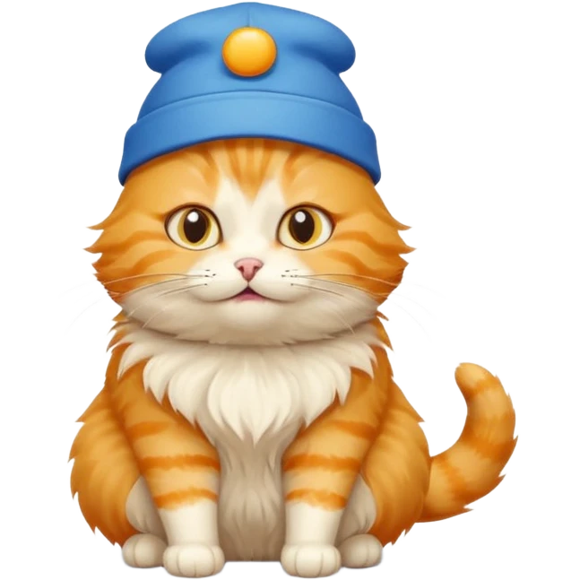 Make cat wearing cute hat that are yellow and has blue text that says More food!!! emoji