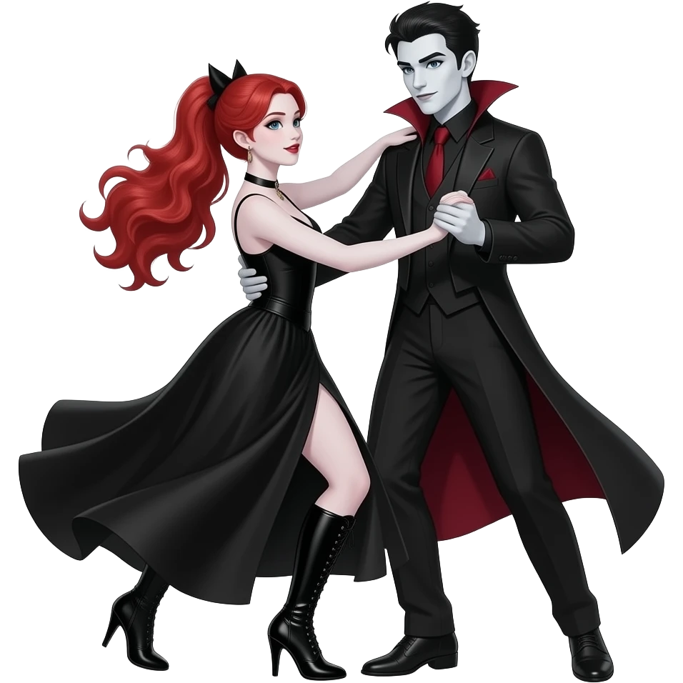 Vampiro femmina ADOLESCENTE con pelle bianca e capelli rosso ondulati lunghi raccolti in una mezza coda che indossa un vestito  lungo fino ai piedi nero e stivali lunghi con tacco neri che sta ballando un valzer con il suo ragazzo VAMPIRO emoji