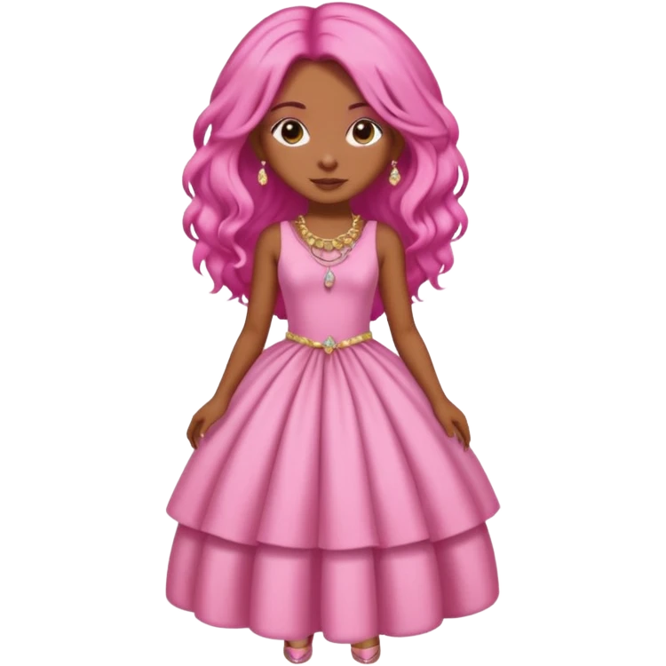 Brown skinned girl with long silky pink hair and pink puffy dress and pink jewelry  emoji