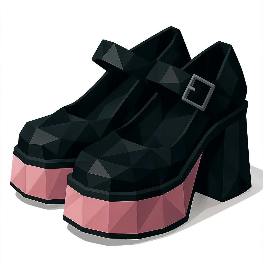 BLACKPINK-inspired gothic shoes, no hearts, faceted and modern, black and pink, polygonal style emoji
