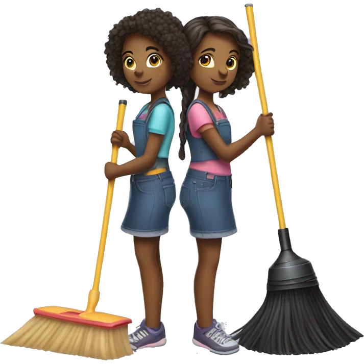 Two girls standing back to back holding vacuums and brooms emoji