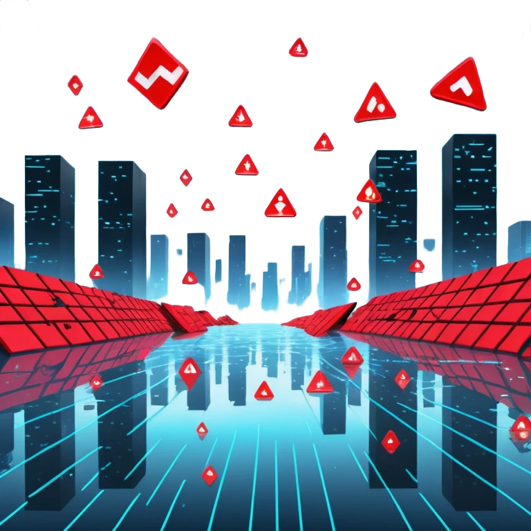 Virtual metaverse grid being flooded with digital waste: floating junk files, corrupted avatars, error signs blinking everywhere, neon red alert signals, sky of code raining down trash, holograms malfunctioning, futuristic city backdrop crumbling,  emoji