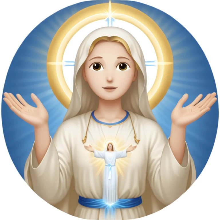 peaceful white figure with glowing aura, hands open, surrounded by soft gold and blue light, minimal and reverent, symbolizing divine mercy and inner peace emoji