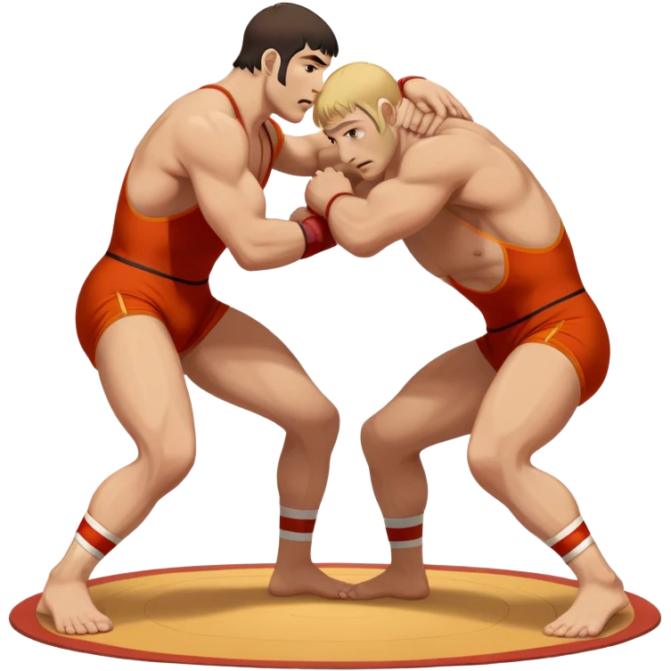 An icon showcasing two wrestlers engaged in a Greco-Roman wrestling match. The athletes are locked in a strong clinch, using their upper bodies to dominate. The background features a wrestling mat and traditional Greco-Roman elements. Transparent background. emoji