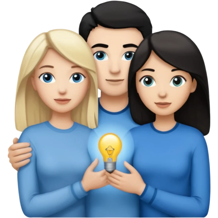 3 people. Throuple. Blank woman with blond hair and blue eye color on left. And also a blank man with black hair and grey eye color in the middle. And a blank woman with brown hair and grey eye color on the right. Holding each other emoji