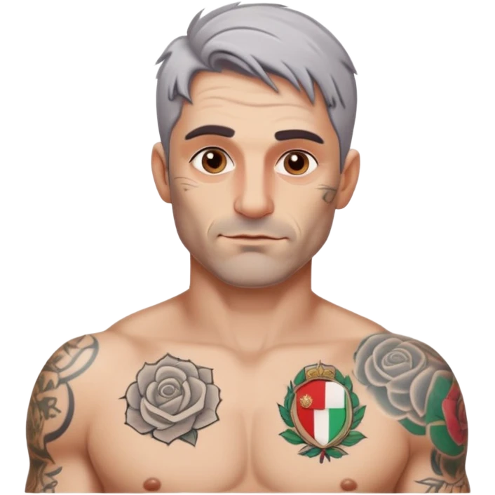 sexy italian man, 38 years old, a bit of grey hair and a rough face with a wrinkle or two, tattoos on his body, but emoji is only from the chest upward. topless! emoji