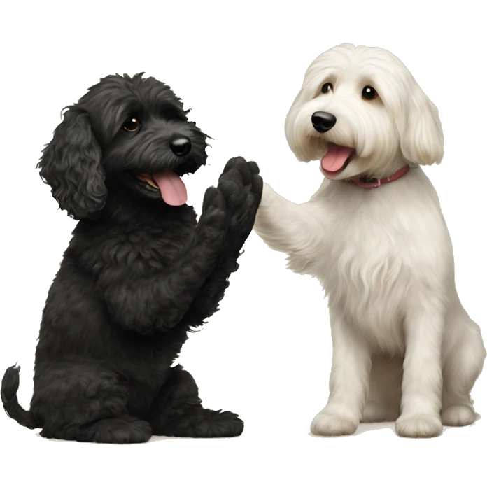 goldendoodle dog and black havanese dog giving each other a high five emoji