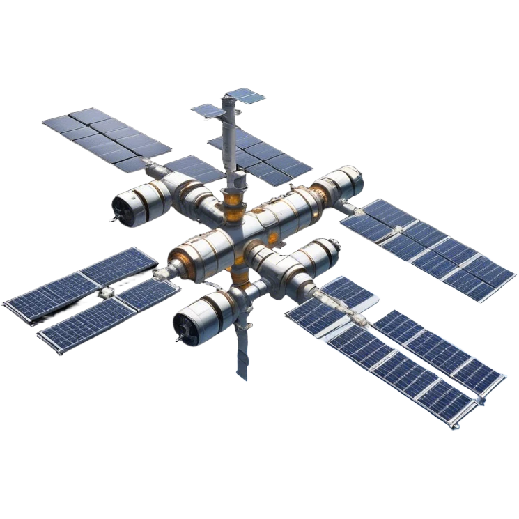  Cinematic Realistic Space Station – A highly detailed, sprawling orbital station with complex solar panels and intricate docking modules. The metallic structure glows faintly from reflected sunlight, with the curvature of Earth and the deep blackness of space in the background. emoji