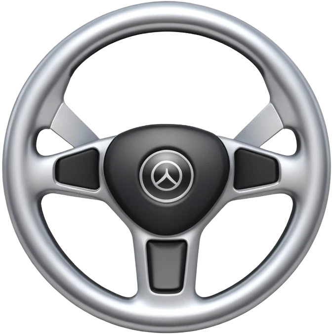 A futuristic steering wheel emoji made of silver chrome, minimal geometric design, smooth metallic surface, soft reflections, iOS emoji style, centered, clean white background emoji