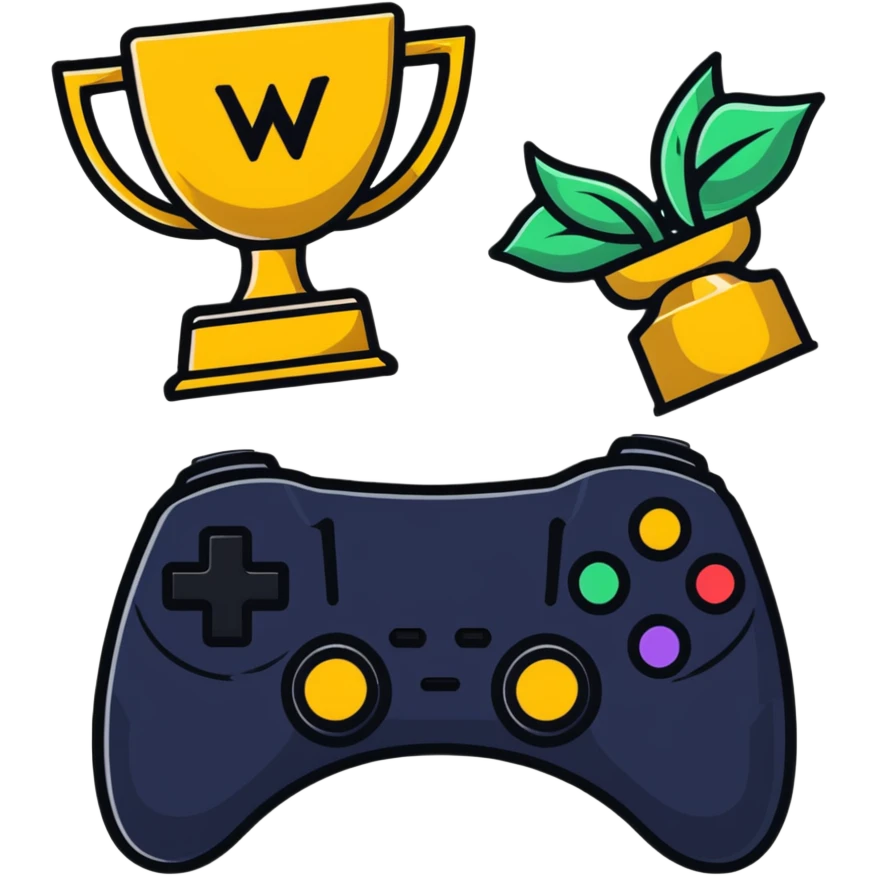 Colorful gaming platform logo for 'qbix88' with controller, community of players, and victory trophy emoji