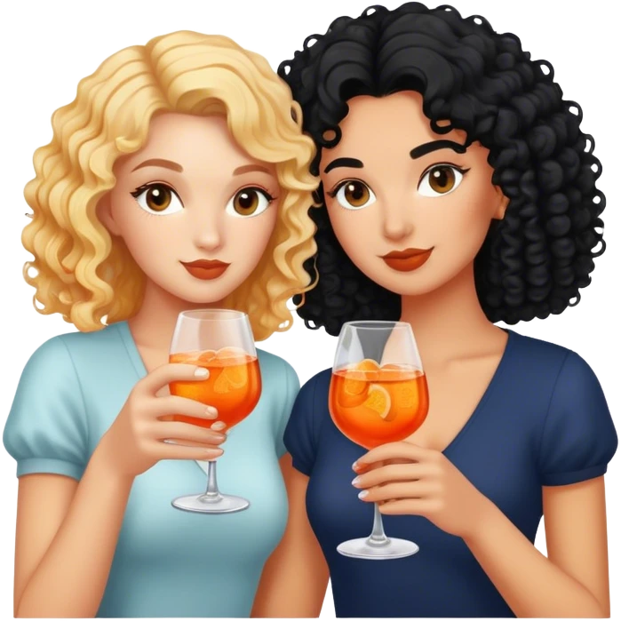 a blonde white girl and a bi racial girl with curly dark black hair drinking aperol spritz  emoji