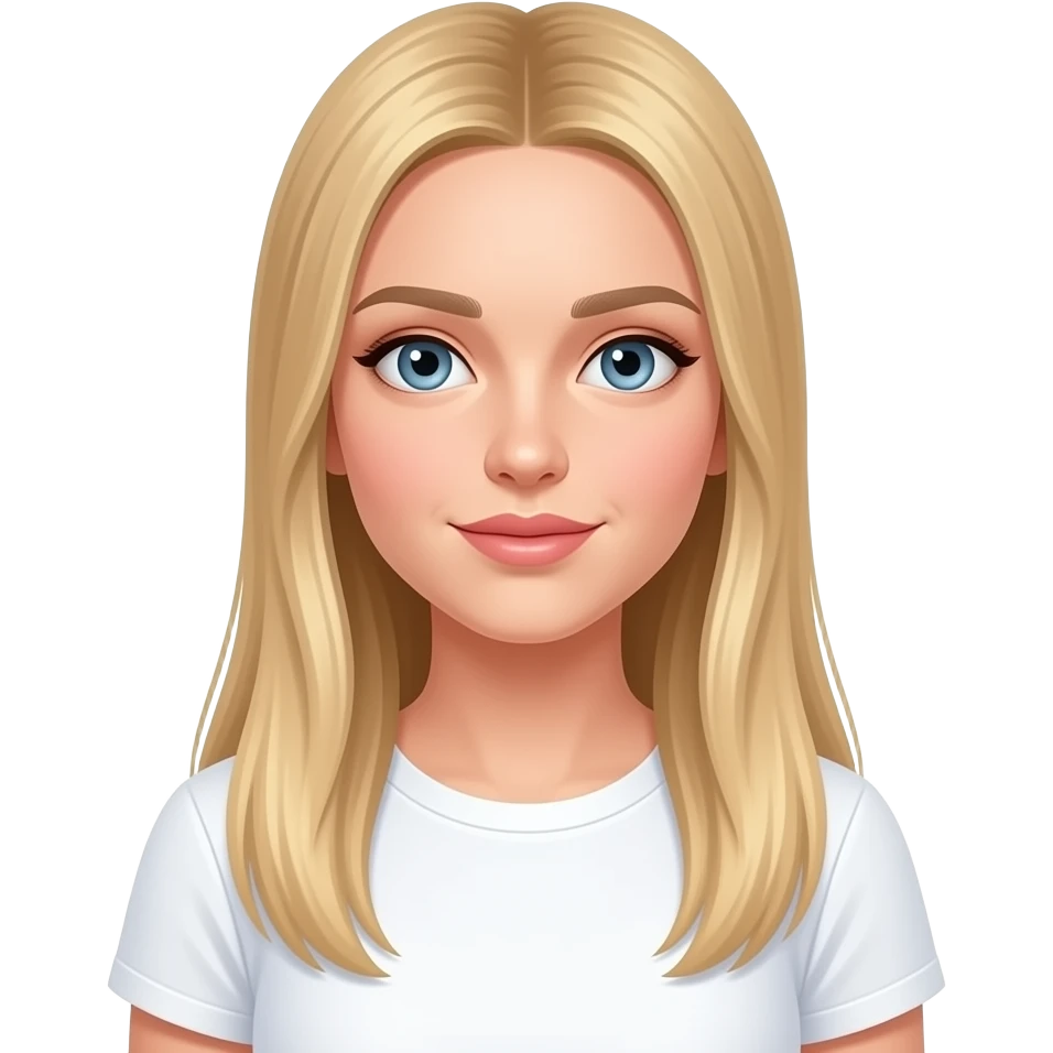 bella ragazza russa bionda capelli lisci lunghi e occhi chiari, con maglietta bianca. cool emoji