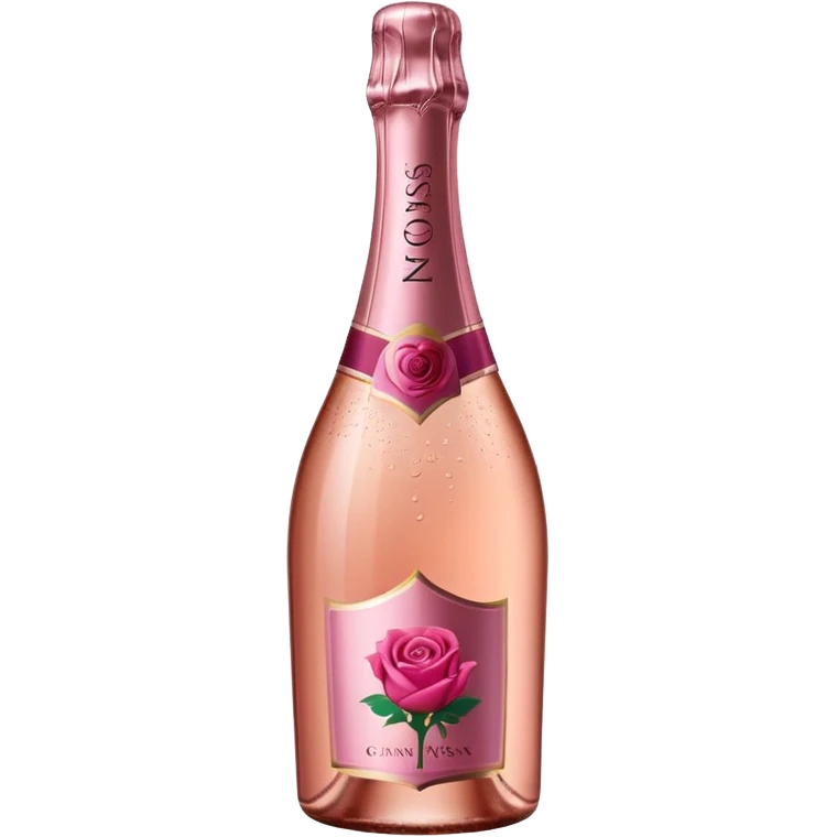 bottle of sparkling rosé champagne with a rose logo on the label, tilted up and to the right, no glass emoji