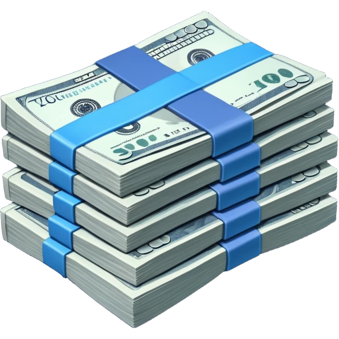 a massive bound stack of blue-and-white banknotes, koan bills , 90s futuristic, the band is dark gray emoji