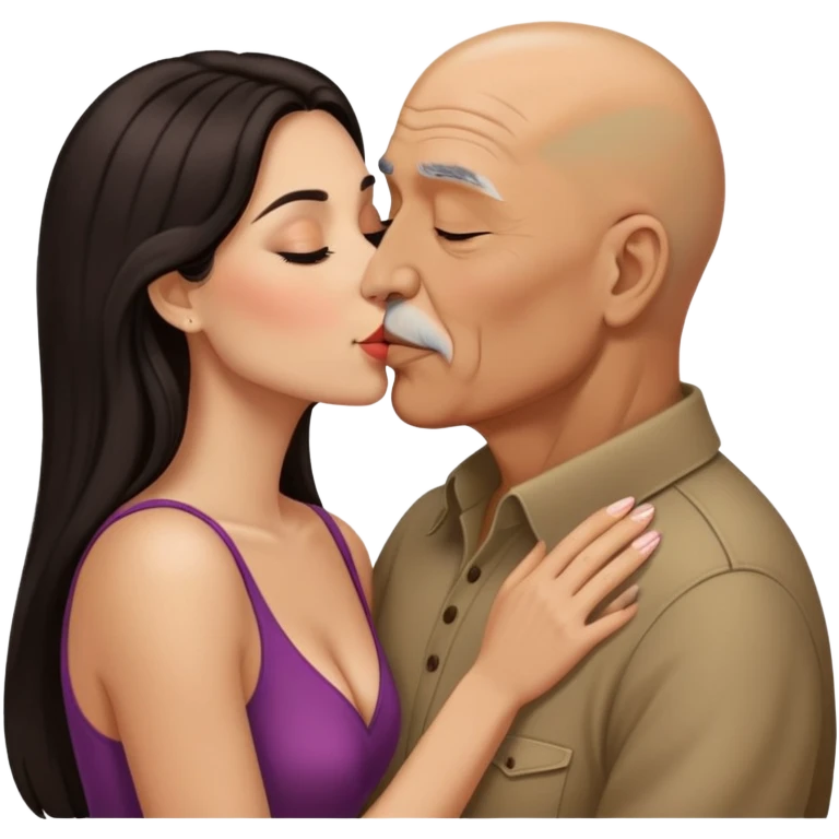 Beautiful woman with long dark hair, kissing a older Hispanic bald man emoji