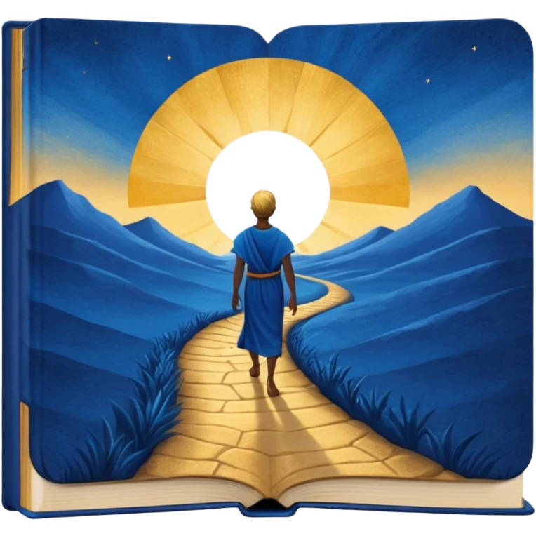 deep blue-to-golden sunrise book with textured aged cover, lone figure on path, radiating hope and purpose emoji