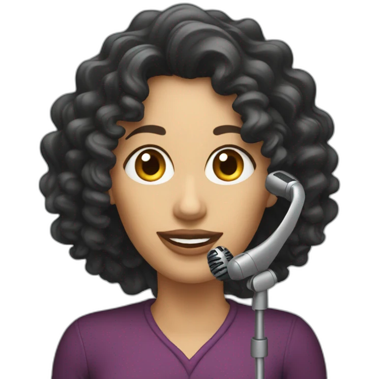 curly dark long hair caucasian woman with podcast microphone emoji