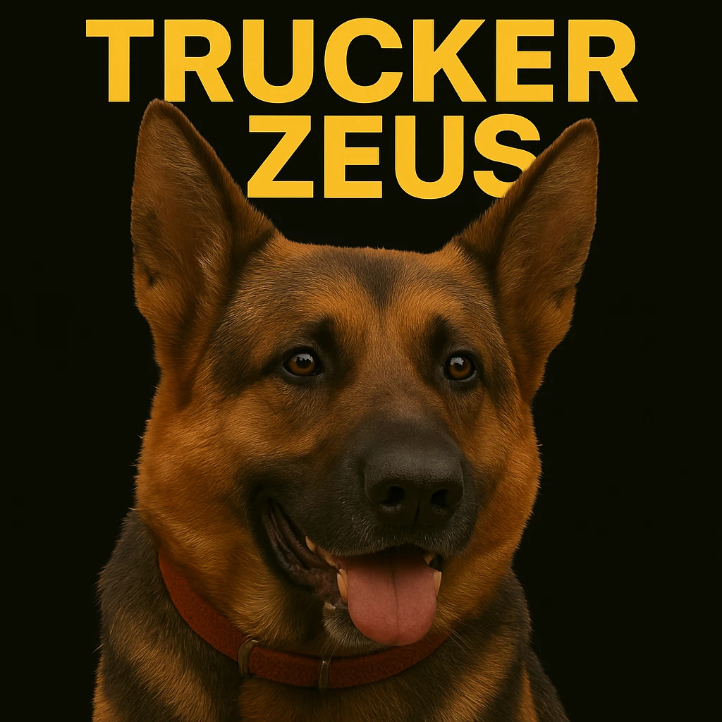 Further compress the image to reduce file size as much as possible while keeping transparency, realistic German Shepherd, and yellow 'Trucker Zeus' text. emoji