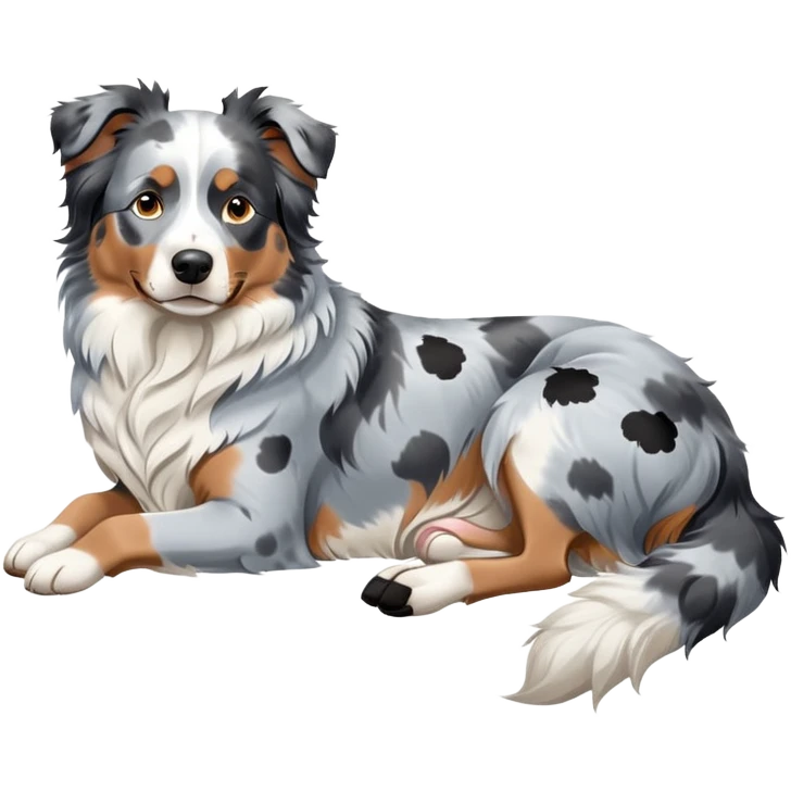 Merle Australian Shepherd dog laying down, blue merle coat with white and black spots, relaxed pose emoji
