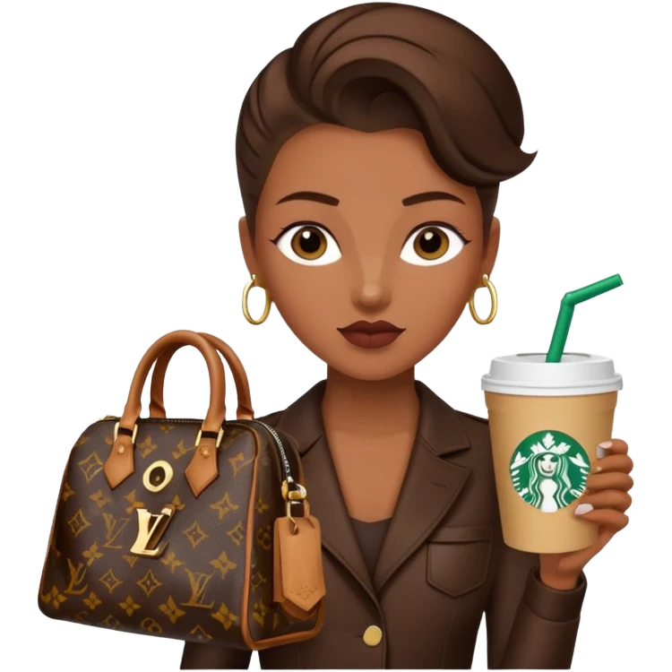 A girl with brown skin and a slick back hair and a luois vittion purse and Starbucks in hand emoji