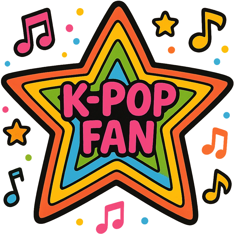 kpop fan star with rainbow stripes and music notes, fun and colorful emoji