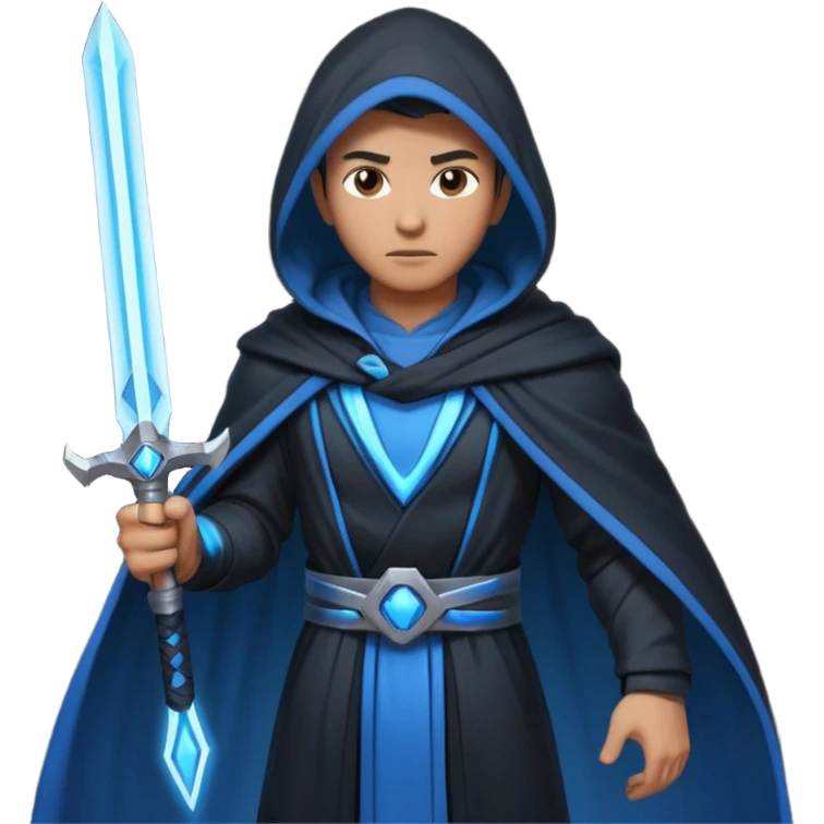 sci-fi space warrior human, glowing energy sword, hooded robe, heroic stance, 3D cartoon, mobile game character icon, clean background, no text
 emoji