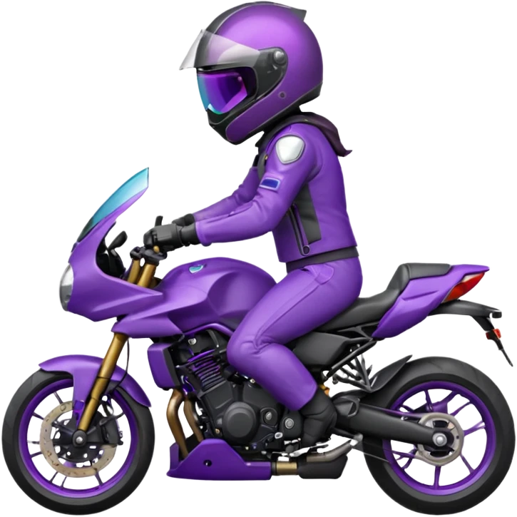 Créer un emoji avec une moto mt07 sport noir mate / violet iridescent très foncé. Avec une pilote dessus visière violet sombre faceless, bulle de la moto violet. Avec fond arrière violet, tenue complète casque inclus violet  emoji