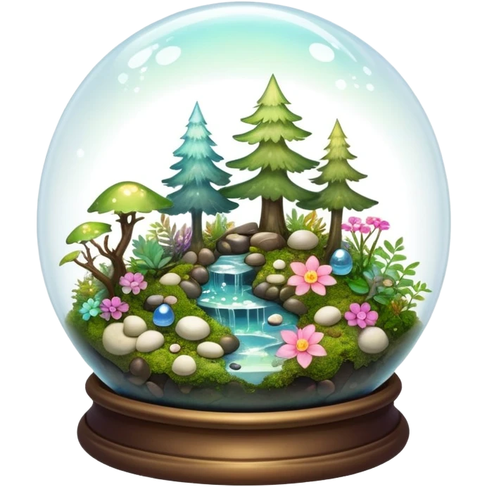 Sparkly shiny iridescent Mystical woodland glass-dome-terrarium-globe with moss inside, with marbles, with pebbles, crystals, with bones inside, and flowers inside  emoji
