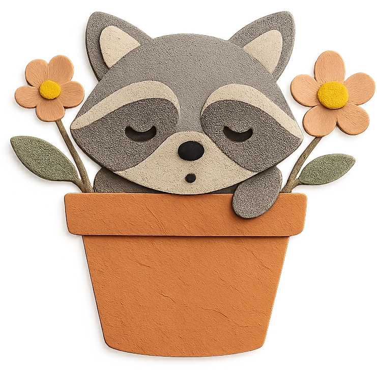a sleepy raccoon inside a flower pot with a few flowers inside the pot, pastel earthy colors, paper craft style emoji