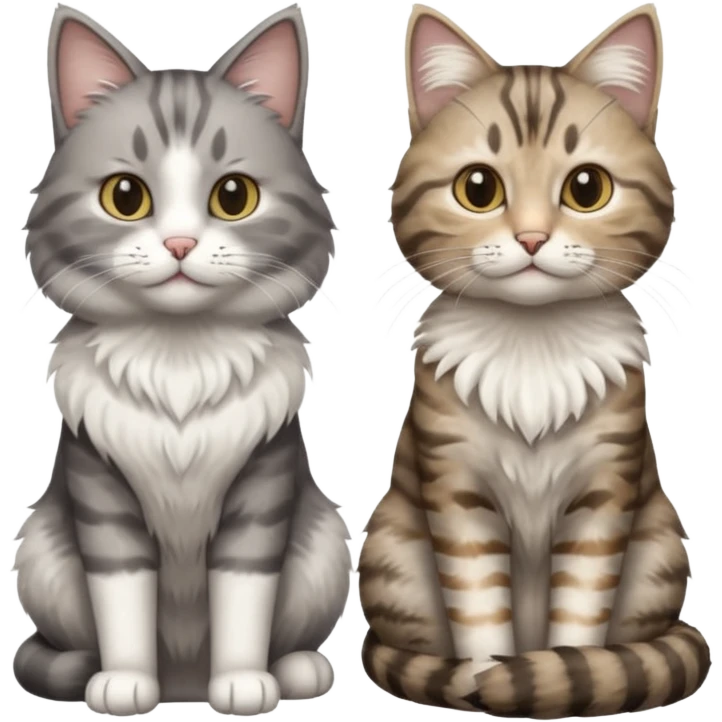 a realistic looking very fluffy grey and white cat sitting next to another cat emoji