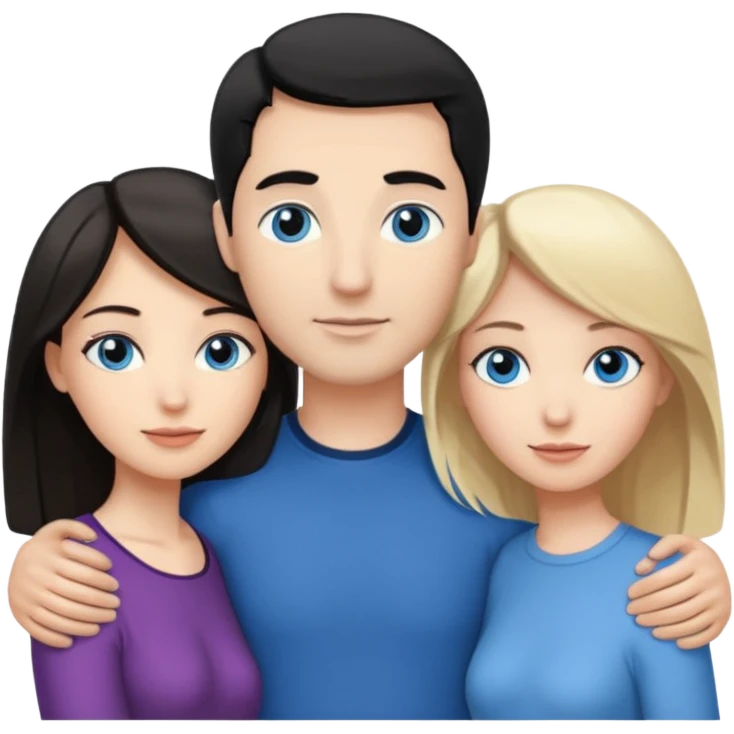 3 people. Throuple. Blank woman with blond hair and blue eye color on left. a blank man with black hair and grey eye color in the middle. And a blank woman with brown hair and grey eye color on the right. Holding each other  emoji