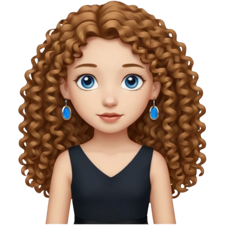 Girl with long light brown curly hair, blue eyes, black dress, hoops earrings. emoji