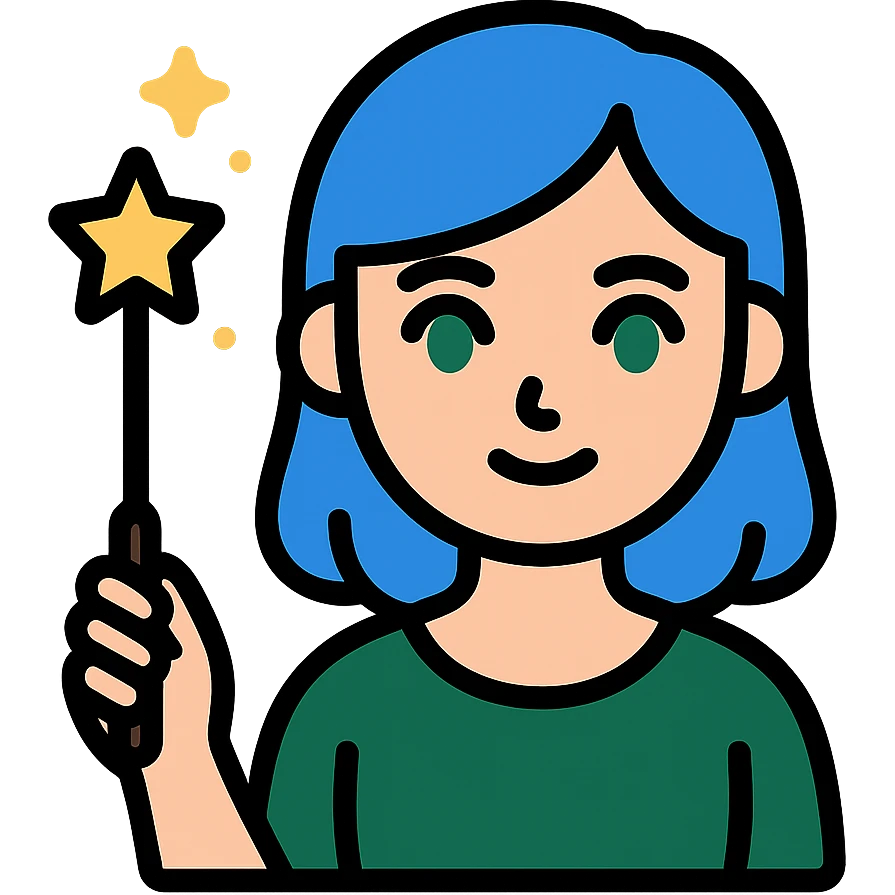close-up face of beautiful girl with blue hair and green eyes, holding a magic wand, wearing dark green dress, icon style emoji