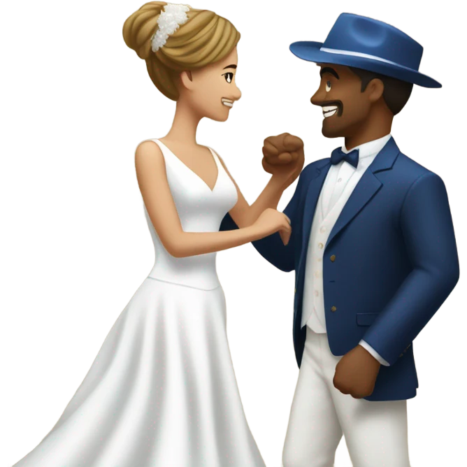 Puerto rican beard short brown hair with blue hat and navy blue suit first dance with blond long hair girl with white  wedding dress  emoji