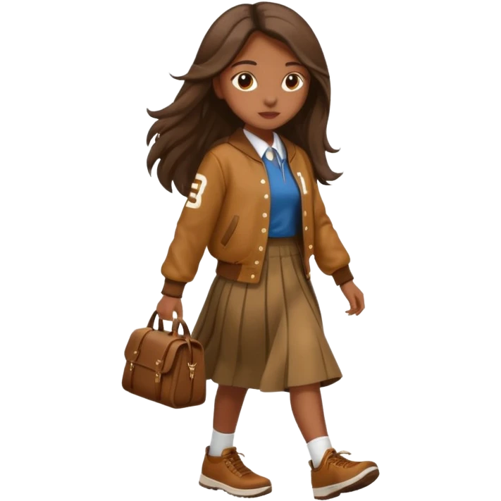 black color long hair girl with brown varsity jacket and long skirt walking  emoji