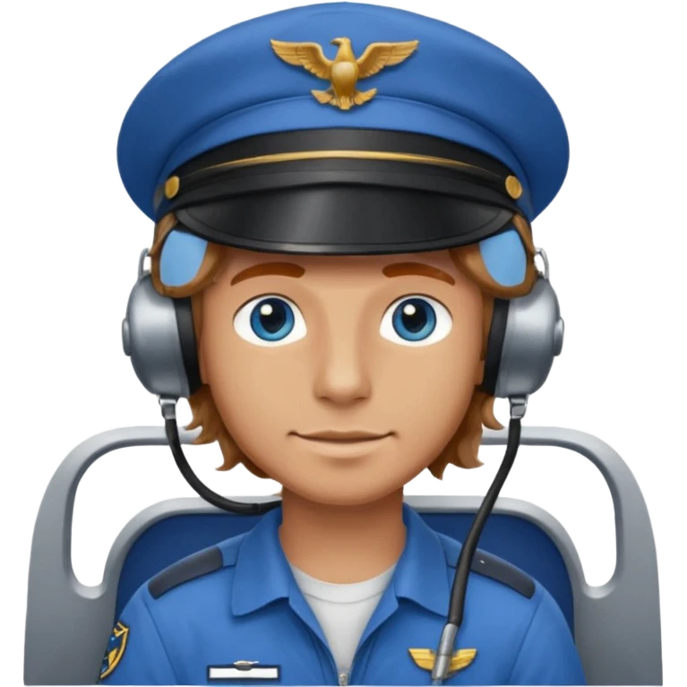 young man with wavy light brown hair and blue eyes. He is wearing a blue t shirt and is a pilot flying a plane emoji