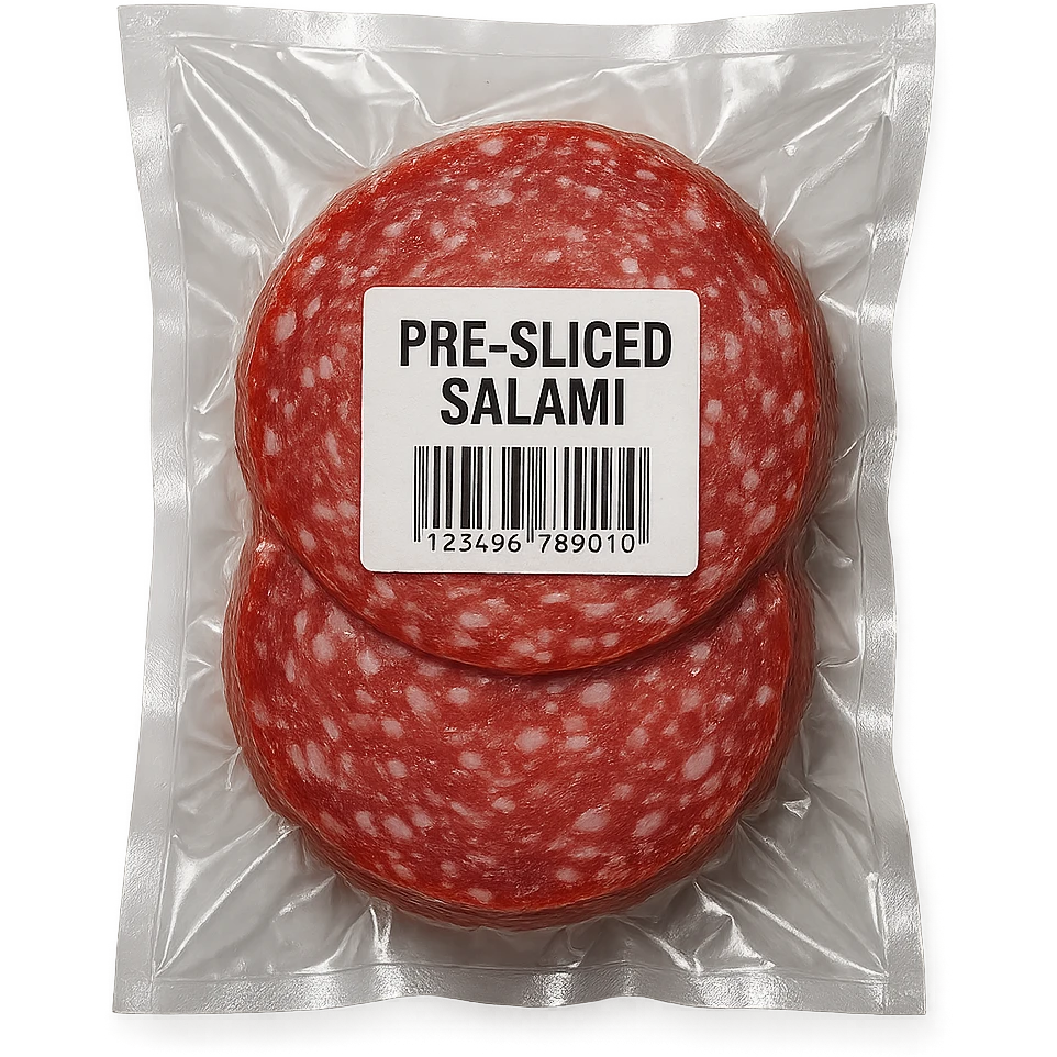 pre-sliced salami in clear vacuum-sealed plastic packaging with visible label, studio lighting, clean background emoji