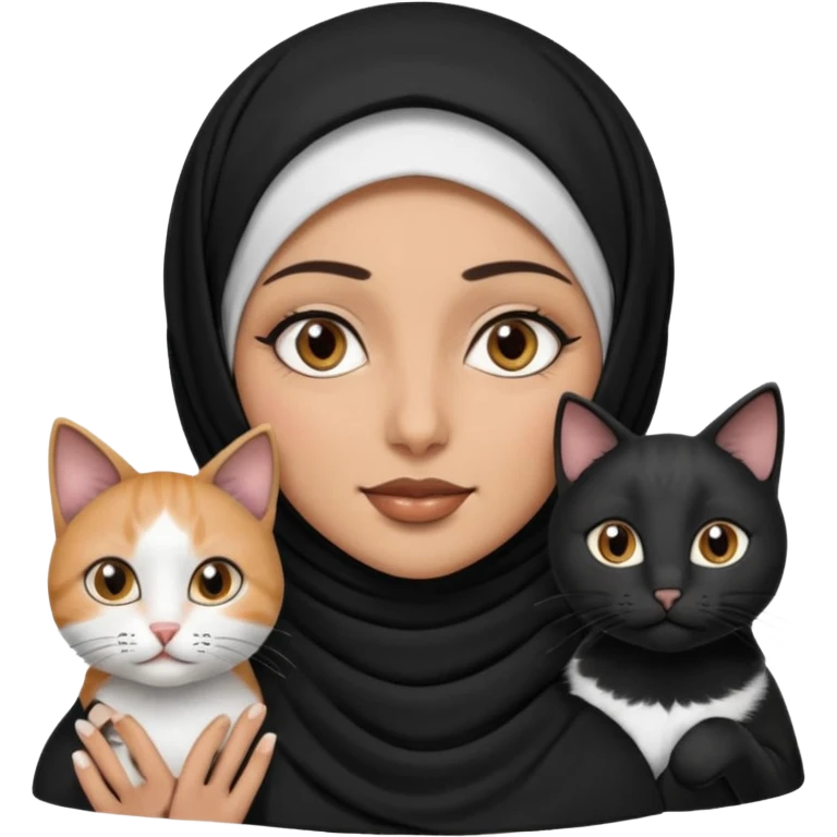 A Arabic woman human with brown eyes and black hijab. , the human is a human, two cats, the both cats is blackwhite,,  NO CAT EARS ON THE HUMAN ,  emoji