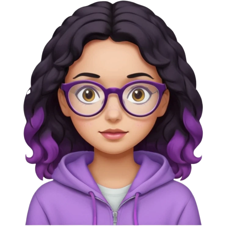 emoji of a woman, slighty tanned skin, cute freckles, pink cheeks, wavy black hair, big frame glasses and cute eyes, wearing a lilac hoodie  emoji