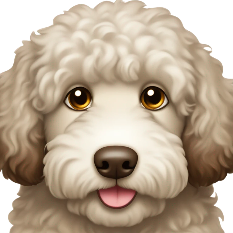 Cream and chocolate brown with spots chubby labradoodle with white chest and dark brown eyes  emoji