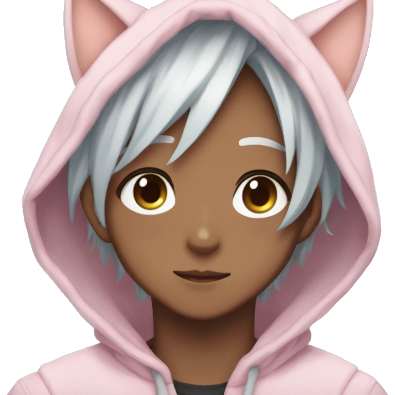 Gorgeous anime style shojo guy with cat ears and blushing face and hoodie aesthetic trending style outside emoji