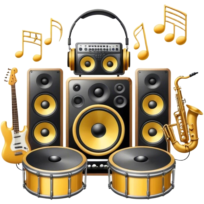 Icon for R&B Music Listening: large concert speakers and headphones with waves of musical notes coming out, along with drums, bass guitar and saxophone. The icon should convey the energetic and rhythmic vibe of R&B music. Transparent background emoji